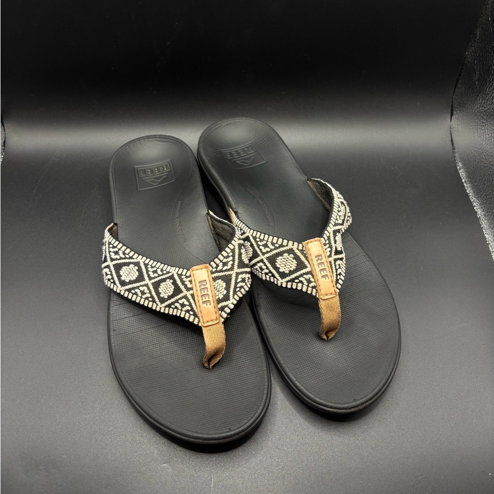 Reef Black & White Woven Ortho Soft Cushioned Arch Support Flip Flops Womens 7.5